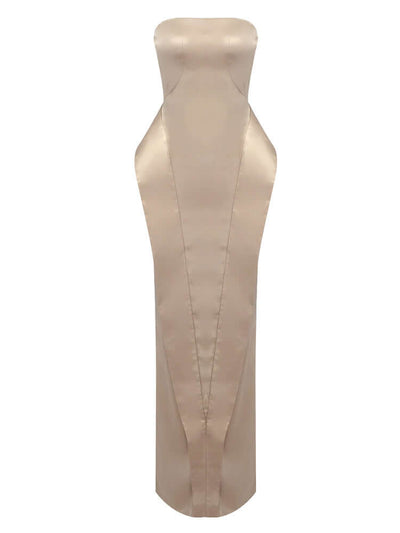 Sleek strapless satin gown with flattering ruched detailing.