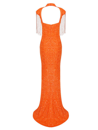 Pearl Chain Tassels Design Orange Sequins Gown