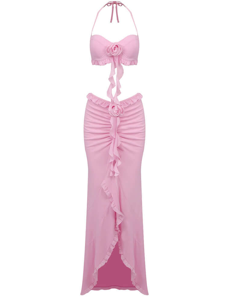 Halter Floral Ruffle Two Piece Maxi Dress in Pink - Popular Choice Among Fashion Enthusiasts