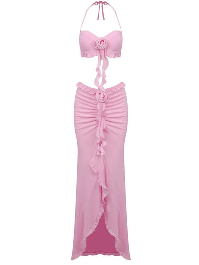 Halter Floral Ruffle Two Piece Maxi Dress in Pink - Popular Choice Among Fashion Enthusiasts