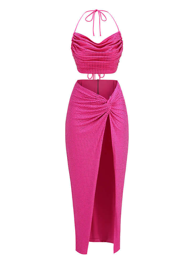 Hot pink two-piece maxi dress with halter neckline and embellishments