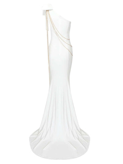 Diagonal Collar Chain Design White Maxi Dress