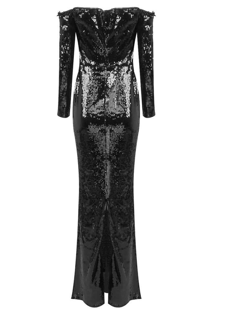 Black Long Sleeve Bardot Sequin Maxi Dress with Elegant Sparkling Details