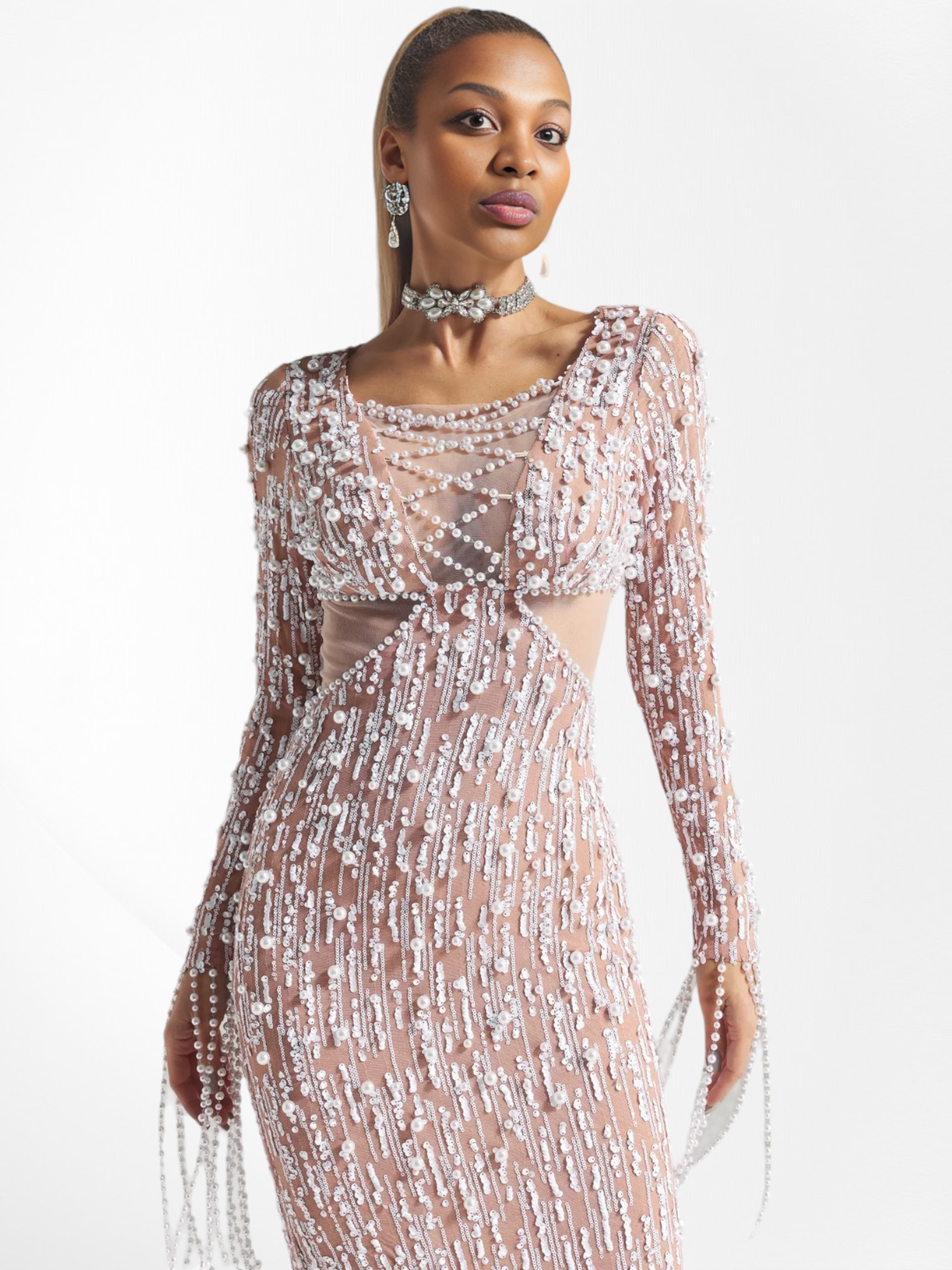 Pearl Embellished Sequin Maxi Dress in Nude