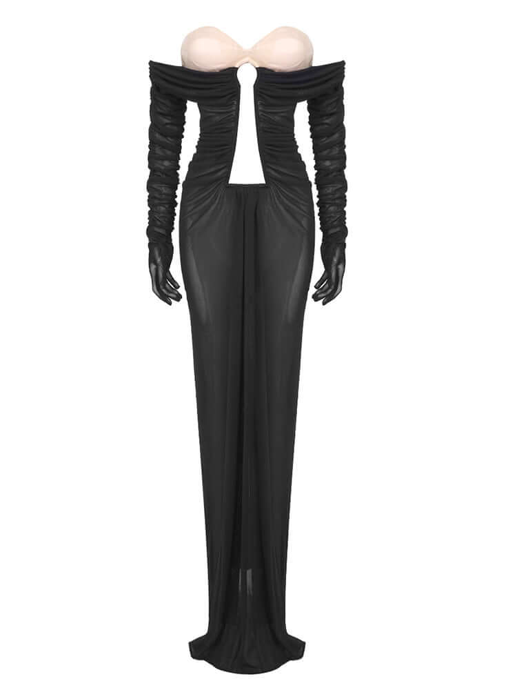 Long Sleeve Bustier Ruched Mesh Maxi Dress: Elegant and Flattering Design for Any Occasion