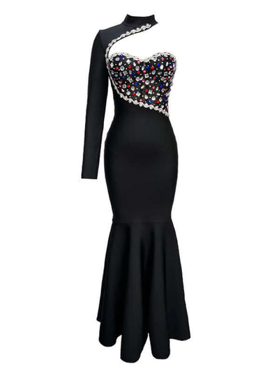 Black one shoulder diamond patchwork mermaid maxi dress