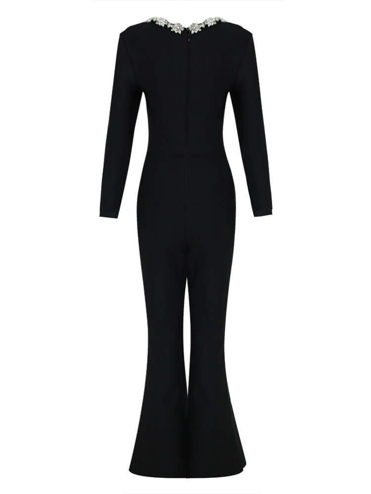 Sophisticated bandage jumpsuit with long sleeves and a crystal neckline for an elegant look.