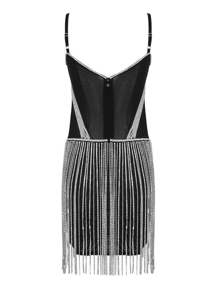 Image of a Luxury Crystal Chain Tassel Black Mini Dress