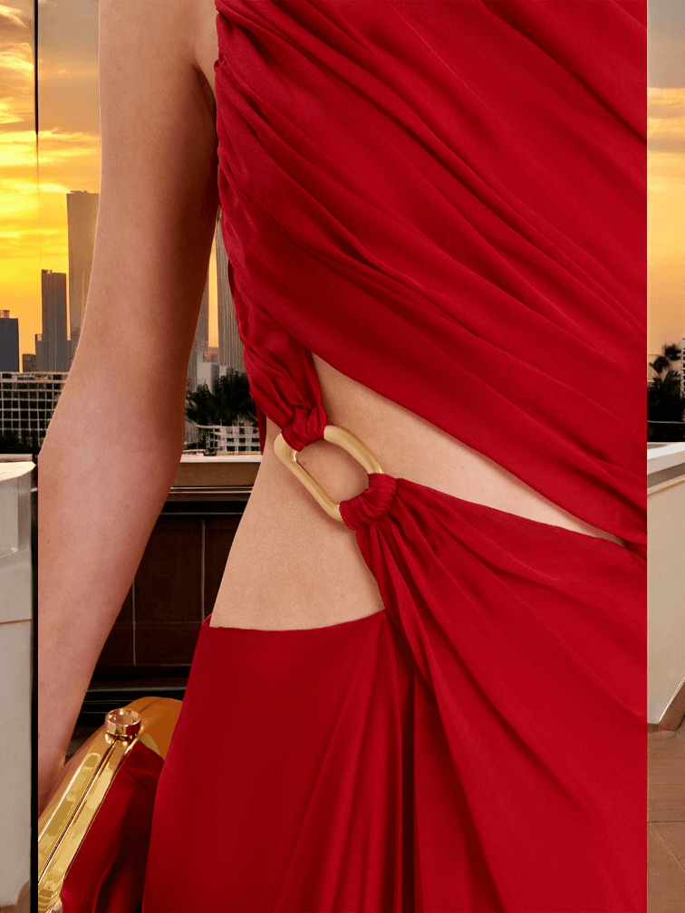 Elegant one-shoulder red gown with front slit and gold waist detail – formal evening dress