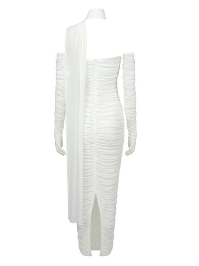 Elegant white maxi dress with mesh fabric, accompanied by matching gloves for a sophisticated look