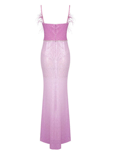 Pink Feathers Patchwork Sparkling Sequins Maxi Dress with slight stretch and invisible back zipper opening.