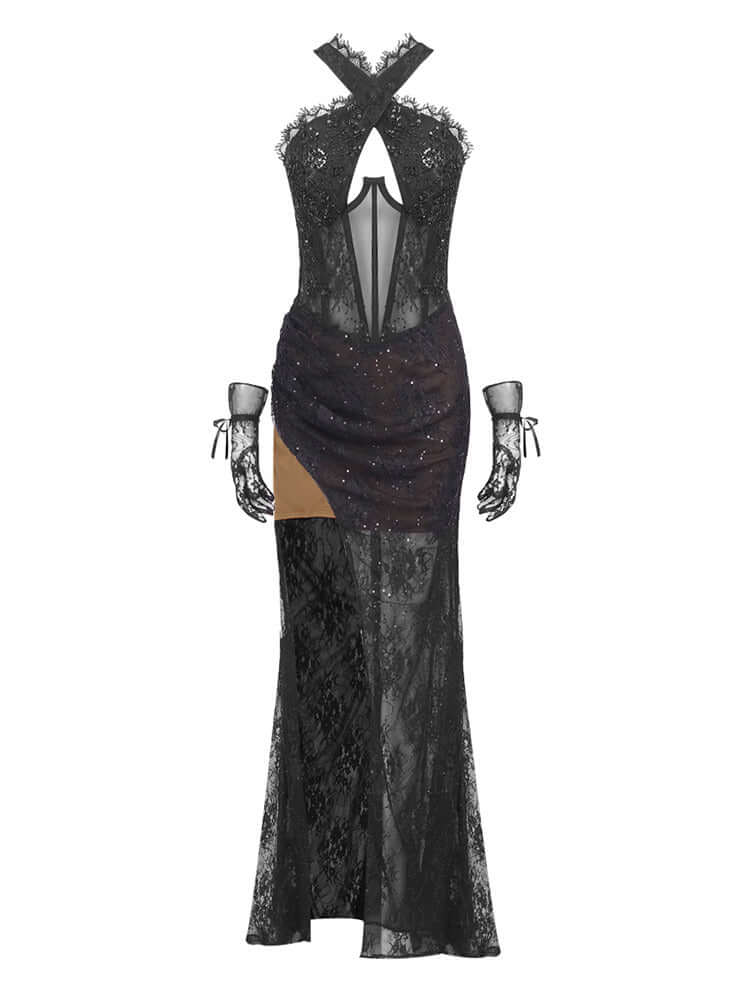 Black Lace High Split Dress With Gloves