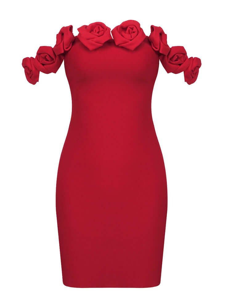 Red Bardot Dress featuring Rose Detail