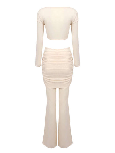Chic Long Sleeve Draped Two Piece Jumpsuit in Nude: Effortlessly Elegant Ensemble