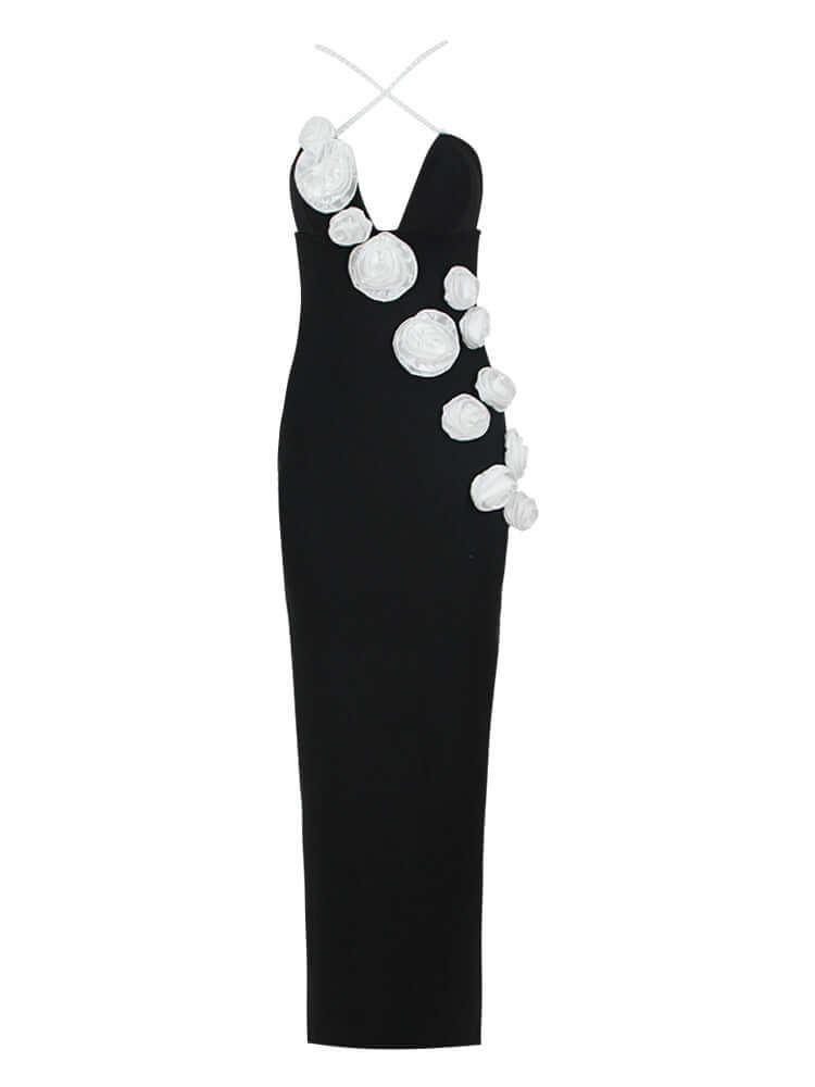 Elegant bandage dress adorned with pearl spaghetti straps and stereo flowers for a glamorous look