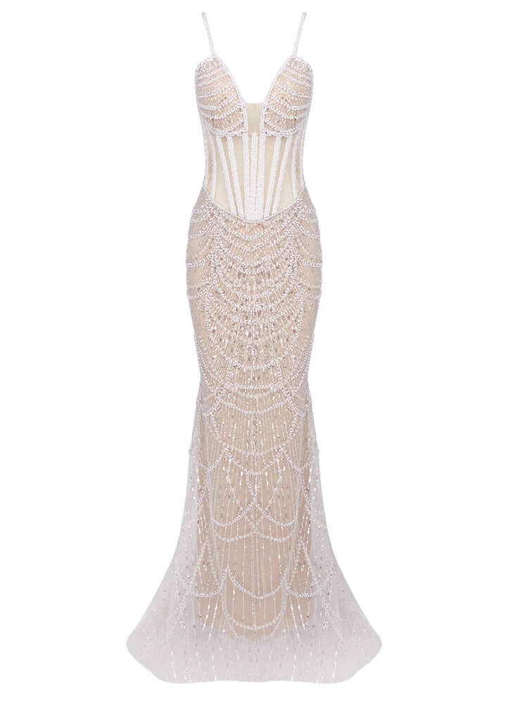 V Neck Sleevless Pearl Design Spaghetti Strap Gown