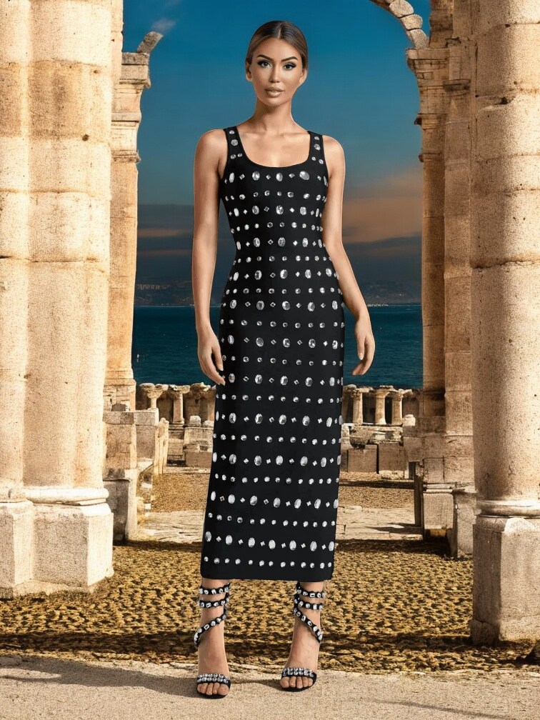 Nata Square-Cut Diamond Collar Bandage Maxi Gown with sparkling details for weddings and formal events.