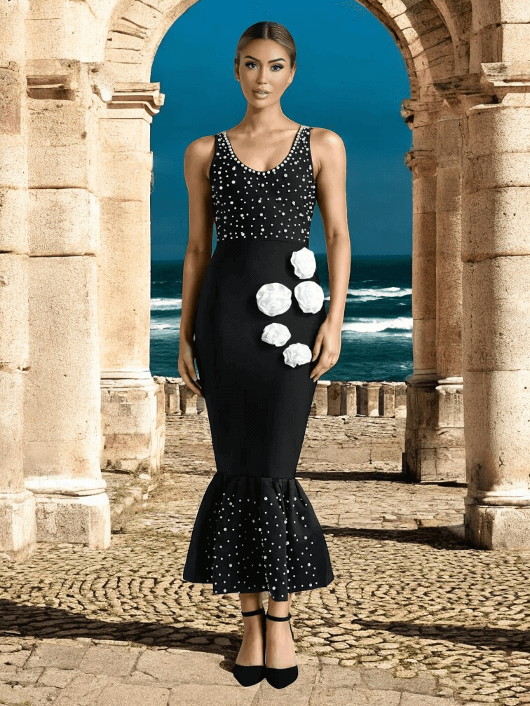 Flower Detail Bandage Fishtail Maxi Gown In Black