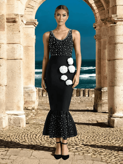 Flower Detail Bandage Fishtail Maxi Gown In Black