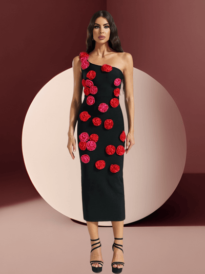 One Shoulder Rose Detail Bandage Midi Dress
