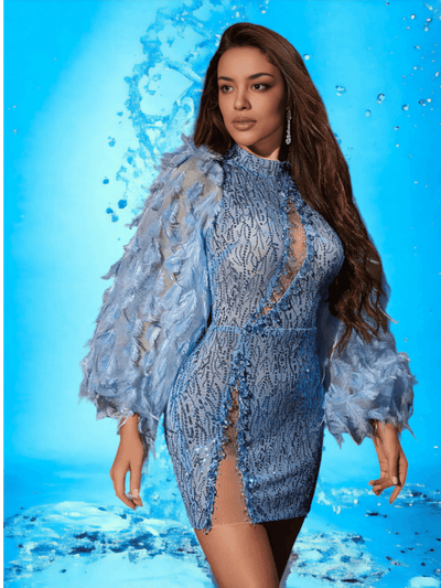 Image of a Blue Feather Long Sleeves Sequins Mini Dress