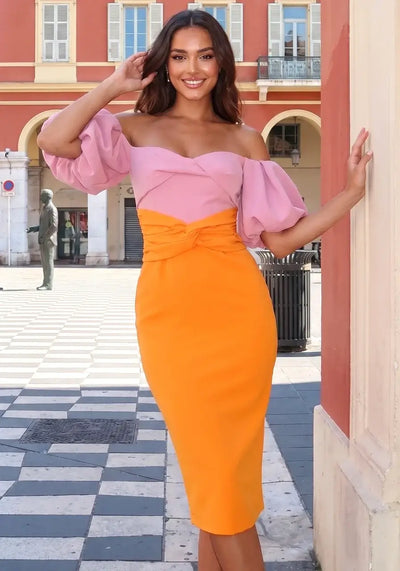 Colorblock Bardot Midi Dress – Pink Orange Elegance XS