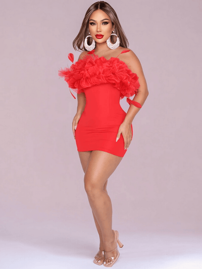 Red Strapless Feather Mini Dress