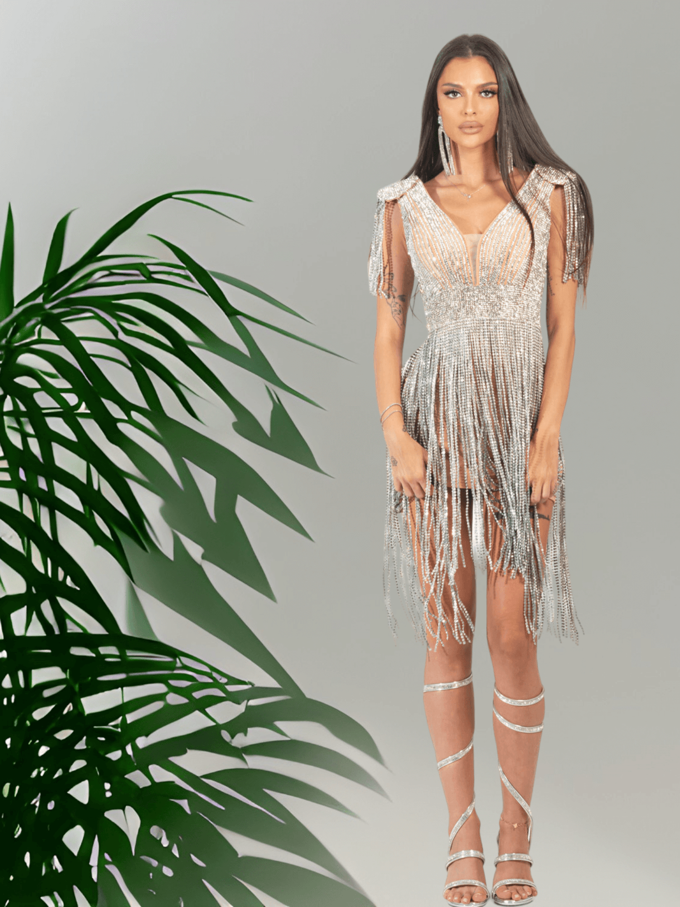 Crystal Fringe Shiny Shoulders Mini Dress
