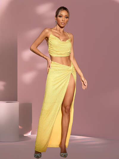 Sunny Yellow Halter Embellished Two-Piece Maxi Dress