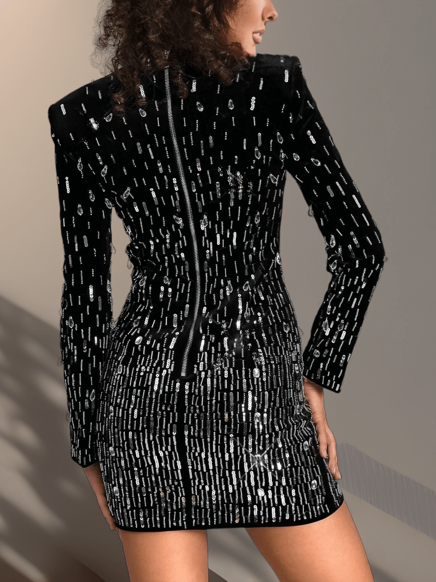Long Sleeve Crystal Sequin Velvet Dress