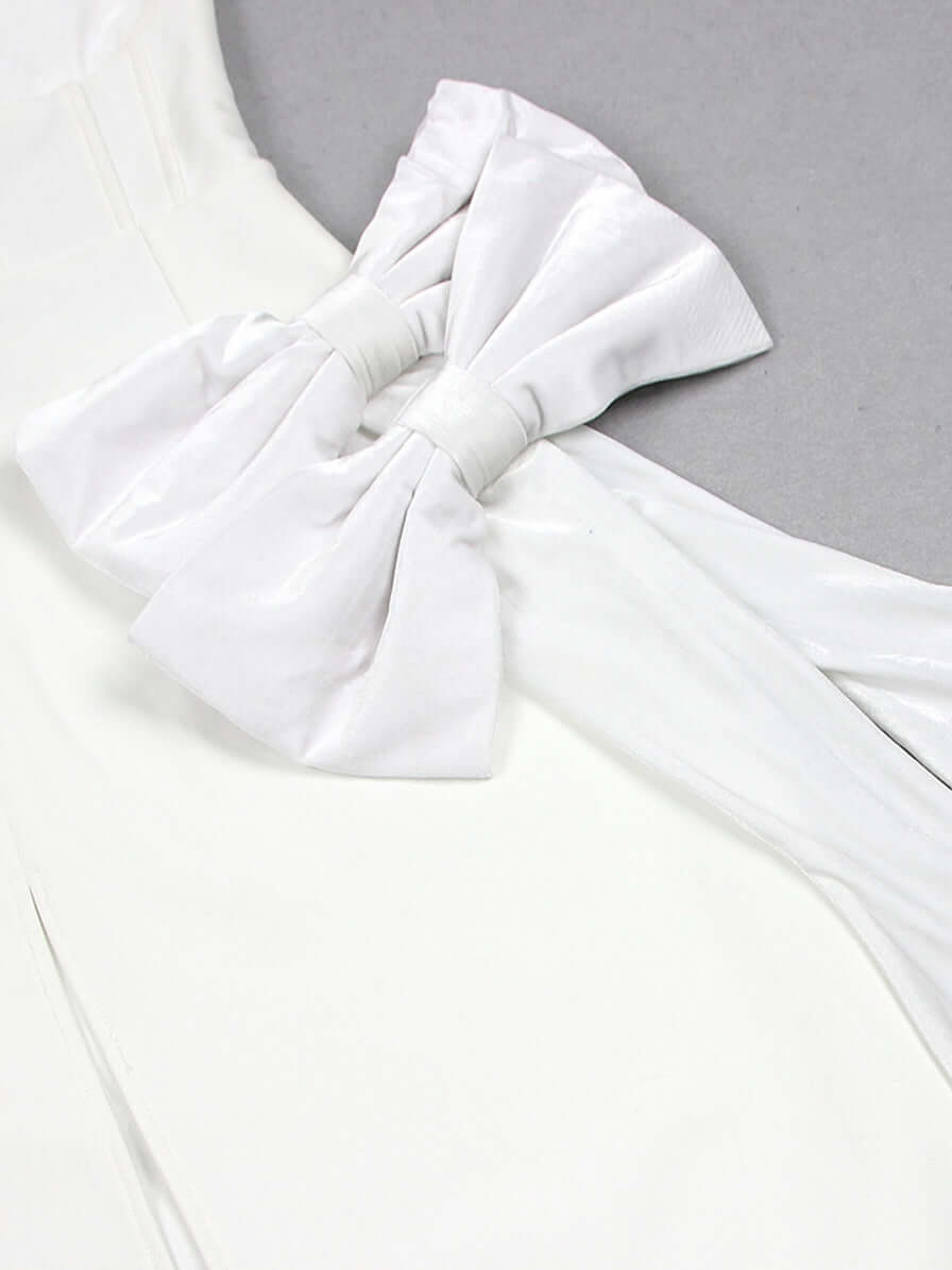 White Draped Mesh Bow Maxi Dress