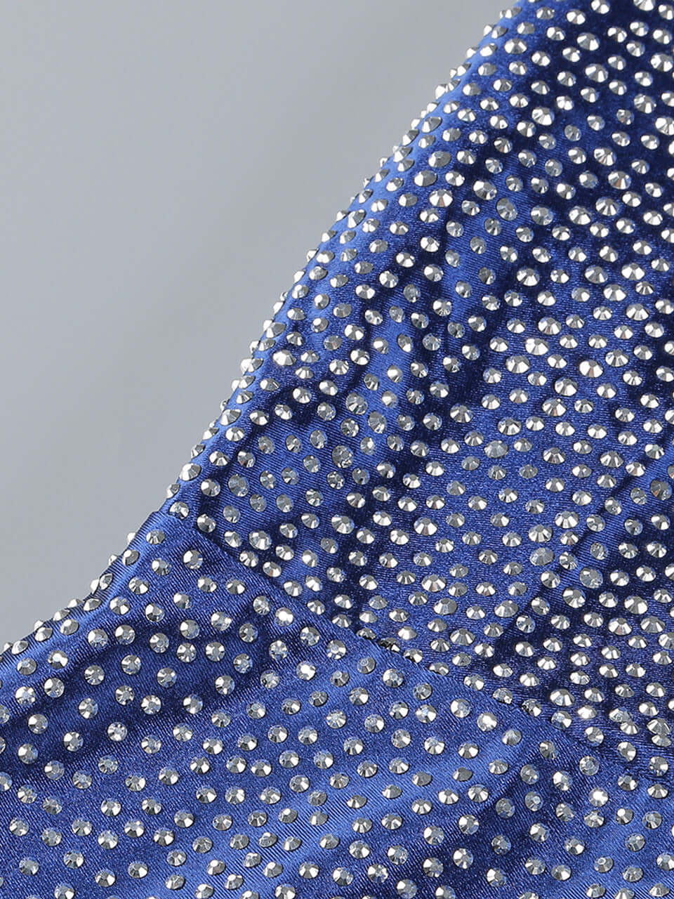 Sapphire Satin Drape Crystal Split Gown with sparkling details for weddings and formal events.