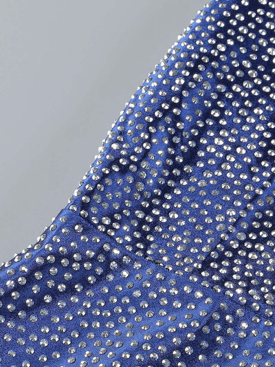 Sapphire Satin Drape Crystal Split Gown with sparkling details for weddings and formal events.