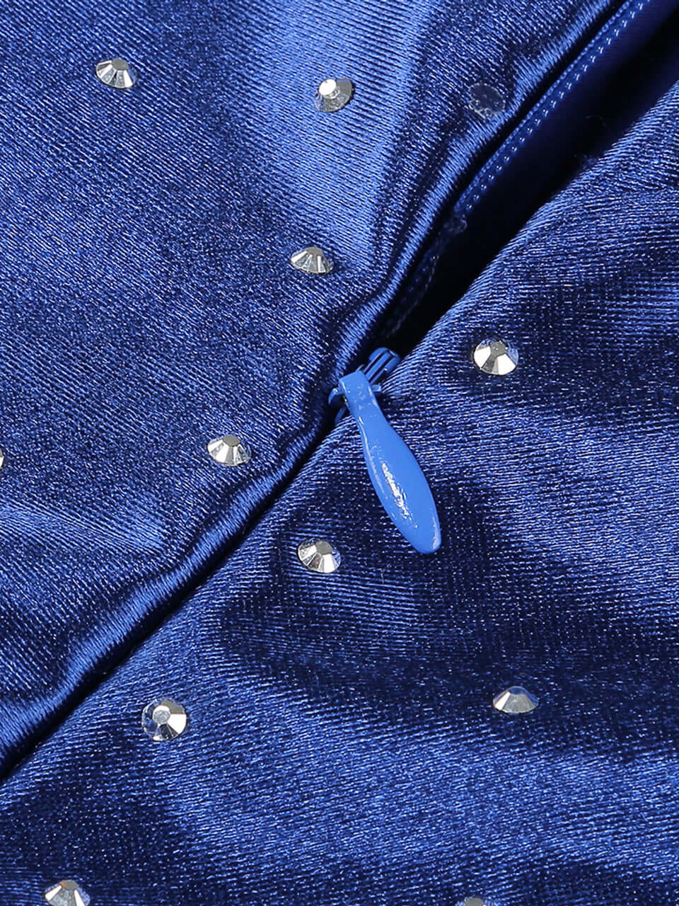 Sapphire Satin Drape Crystal Split Gown with sparkling details for weddings and formal events.
