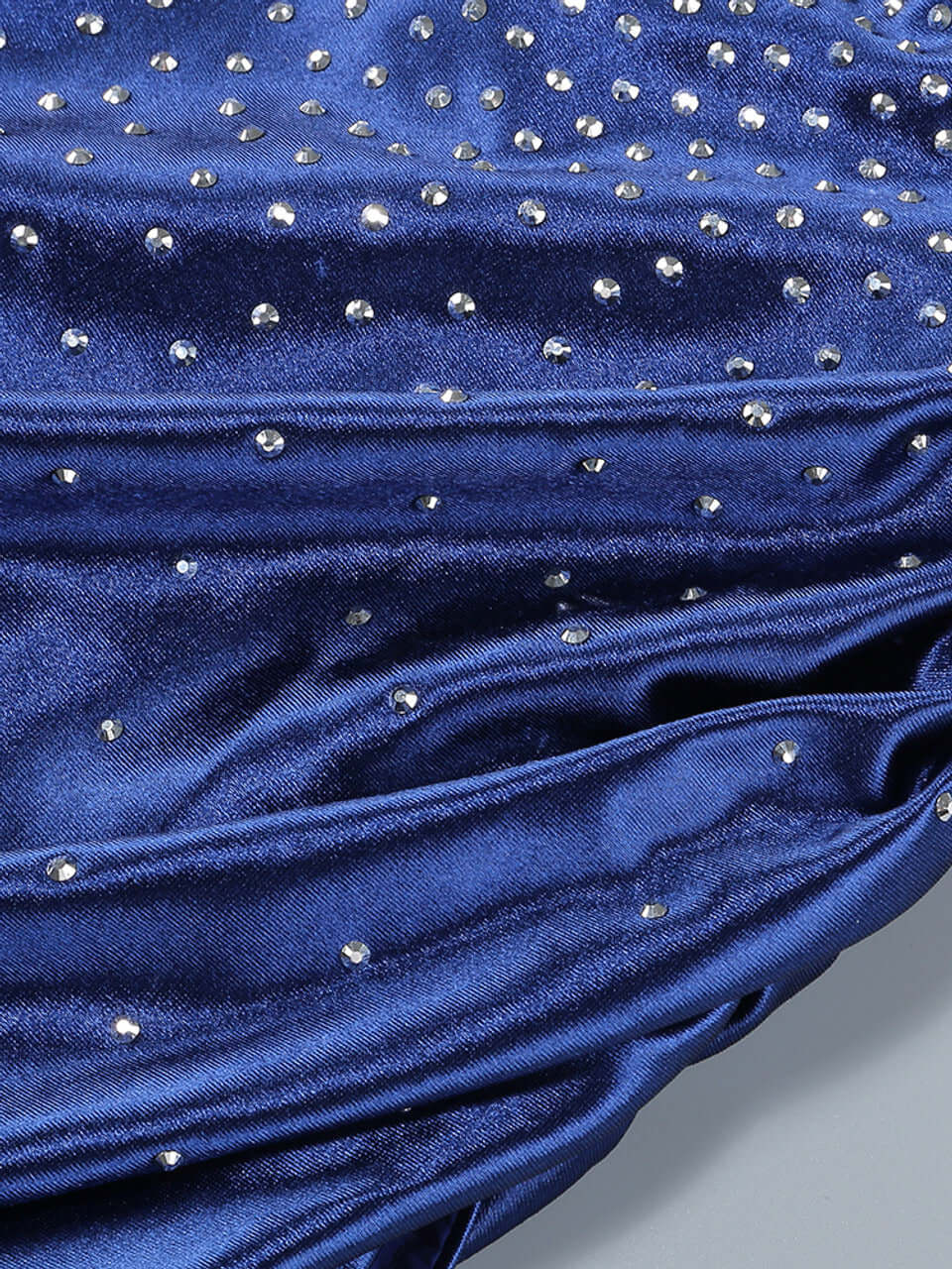 Sapphire Satin Drape Crystal Split Gown with sparkling details for weddings and formal events.