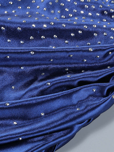 Sapphire Satin Drape Crystal Split Gown with sparkling details for weddings and formal events.