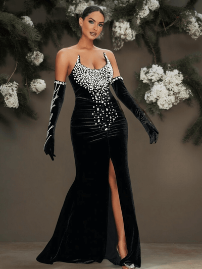 Beaded Strapless Black Mermaid Velvet Dress
