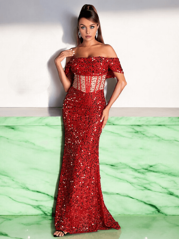 Tiva Sequins Corset Dress in red with sparkling sequins and a flattering corset design.