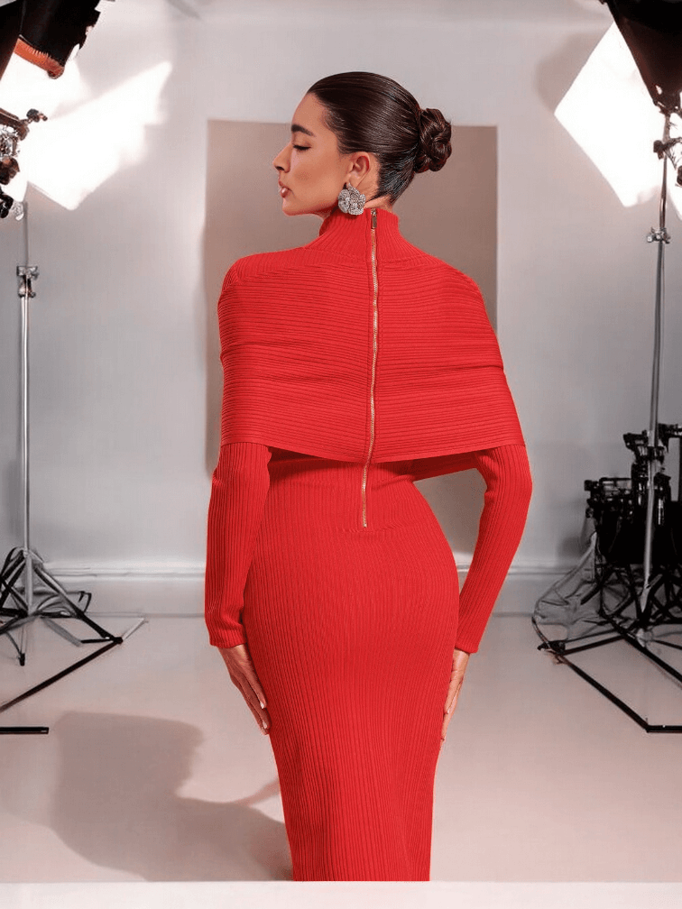 Red Nancy Long Sleeve Turtle Neck Maxi Dress, perfect for weddings, parties, and special occasions.