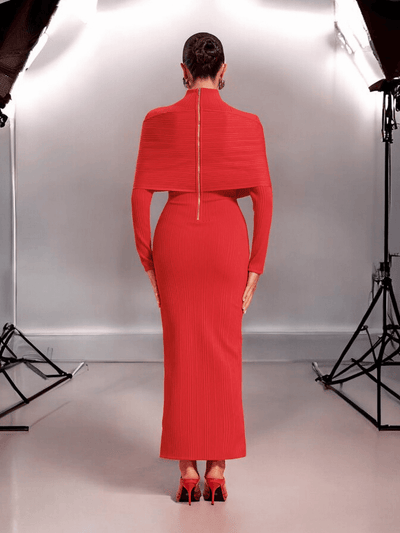 Red Nancy Long Sleeve Turtle Neck Maxi Dress, perfect for weddings, parties, and special occasions.