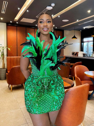 Strapless Green Sequin Feather Mini Dress