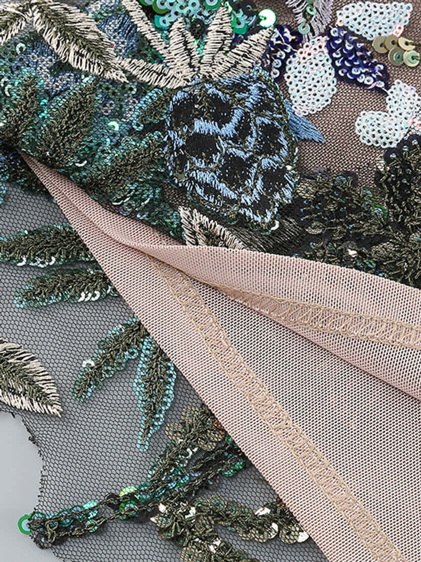 Long Sleeve Lace Sequin Floral Dress - Elegant Sparkle with Delicate Details
