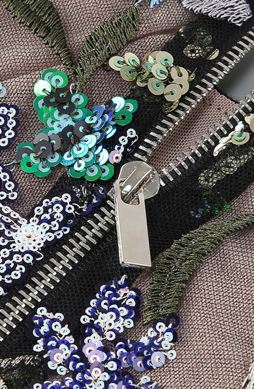 Long Sleeve Lace Sequin Floral Dress - Elegant Sparkle with Delicate Details