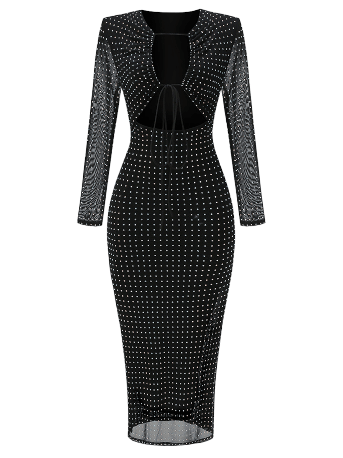Black long sleeve midi dress with crystal cut-outs – elegant and captivating for any sophisticated event