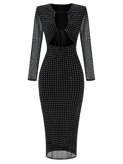 Black long sleeve midi dress with crystal cut-outs – elegant and captivating for any sophisticated event