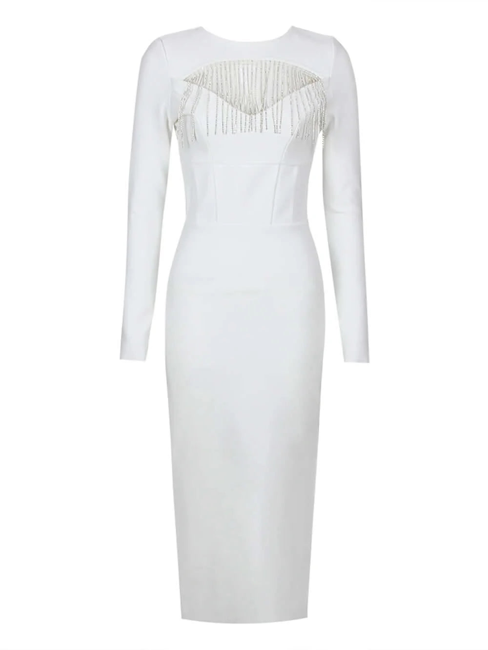 White Long Sleeves Bandage Dress With Crystal Tassels