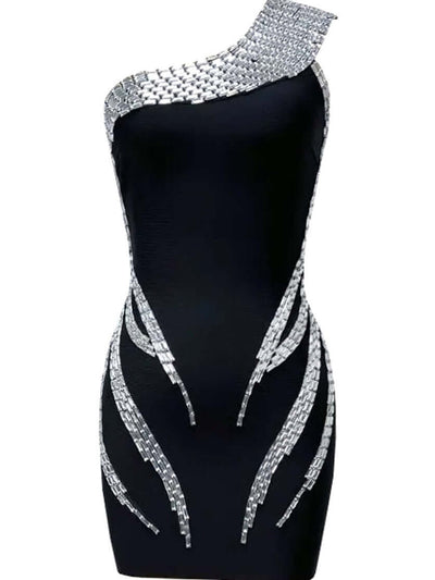 One Shoulder Embellished Dress Black