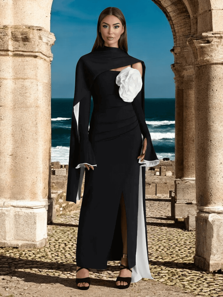 Black Una Flared Sleeve Flower Strappy Maxi Gown with floral details for weddings and formal events.