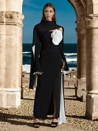 Black Una Flared Sleeve Flower Strappy Maxi Gown with floral details for weddings and formal events.