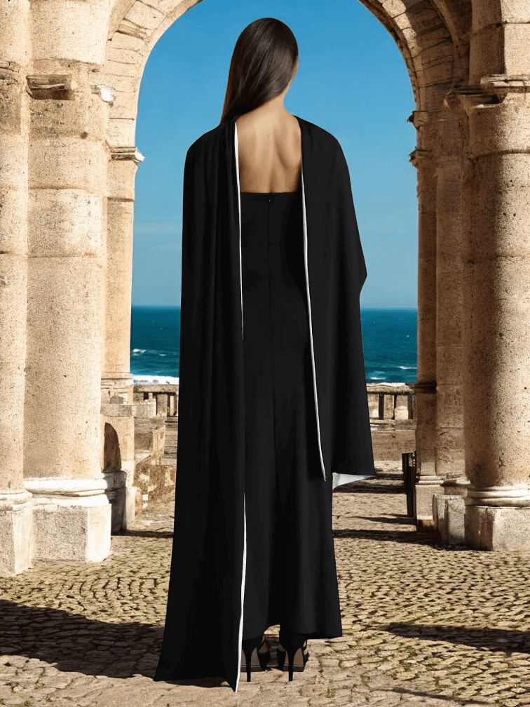 Black Una Flared Sleeve Flower Strappy Maxi Gown with floral details for weddings and formal events.